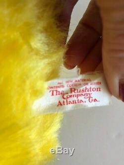 1950s Vintage Rare RUSHTON CO. Plush Yellow Bunny, Vinyl Face in a blue vest