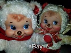 2 Vintage Rushton Rubber Face smiled bear Christmas Plush Rare