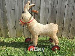 Antique VTG Stuffed Animal Plush Riding Donkey Straw Toy Halloween Decor Mohair