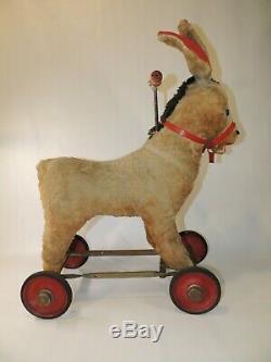 Antique VTG Stuffed Animal Plush Riding Donkey Straw Toy Halloween Decor Mohair