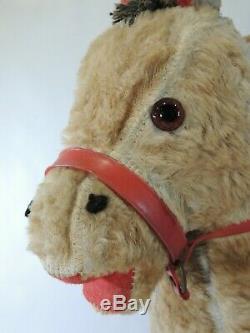 Antique VTG Stuffed Animal Plush Riding Donkey Straw Toy Halloween Decor Mohair