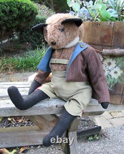 OOAK Red FOX stuffed animal DOLL in handmade Lederhosen dress 22 fully jointed