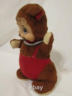 RARE VINTAGE 1950's RUSHTON STAR CREATION RUBBER FACE BEAR With RED OVERALLS PLUSH