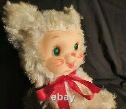 Rushton Plush Kitten Cat Rubber Face, Silver/White Fur, Green Eyes Vtg 1950s/60s