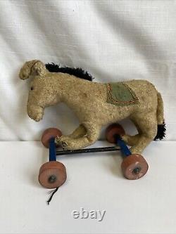 VINTAGE Plush Donkey On Wheels- Possibly Steiff