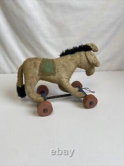 VINTAGE Plush Donkey On Wheels- Possibly Steiff