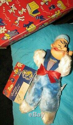 VINTAGE RUBBER FACE PLUSH BEAR POPEYE SAILOR DOLL W RARE RED GUND BOX 1950s TOY