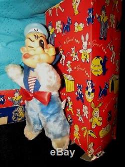 VINTAGE RUBBER FACE PLUSH BEAR POPEYE SAILOR DOLL W RARE RED GUND BOX 1950s TOY