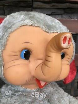 VTG Rubber Face Elephant Plush HUGE 21 Stuffed Toy Grey Red Ears Feet RARE