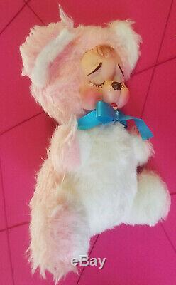 Very RARE Sad Pouting Crying Face Vintage Rushton Rubber Face Pink Bear Plush