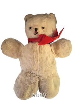 Vintage 1950's Plush Teddy Bear Stuffed Animal Beige Red Bow Medium Size 16