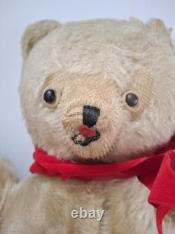 Vintage 1950's Plush Teddy Bear Stuffed Animal Beige Red Bow Medium Size 16
