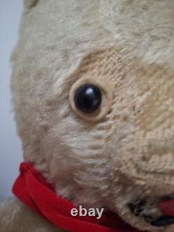 Vintage 1950's Plush Teddy Bear Stuffed Animal Beige Red Bow Medium Size 16