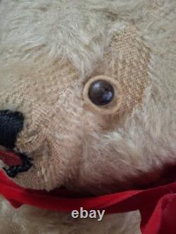 Vintage 1950's Plush Teddy Bear Stuffed Animal Beige Red Bow Medium Size 16