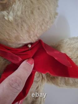 Vintage 1950's Plush Teddy Bear Stuffed Animal Beige Red Bow Medium Size 16