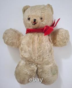 Vintage 1950's Plush Teddy Bear Stuffed Animal Beige Red Bow Medium Size 16