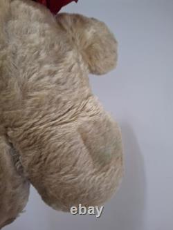 Vintage 1950's Plush Teddy Bear Stuffed Animal Beige Red Bow Medium Size 16