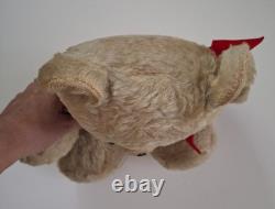 Vintage 1950's Plush Teddy Bear Stuffed Animal Beige Red Bow Medium Size 16