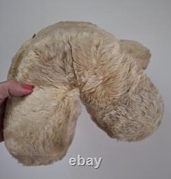 Vintage 1950's Plush Teddy Bear Stuffed Animal Beige Red Bow Medium Size 16