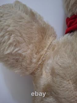 Vintage 1950's Plush Teddy Bear Stuffed Animal Beige Red Bow Medium Size 16