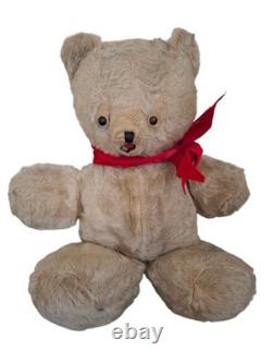 Vintage 1950's Plush Teddy Bear Stuffed Animal Beige Red Bow Medium Size 16