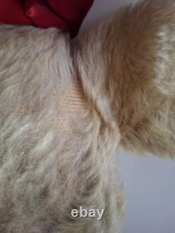 Vintage 1950's Plush Teddy Bear Stuffed Animal Beige Red Bow Medium Size 16