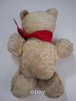 Vintage 1950's Plush Teddy Bear Stuffed Animal Beige Red Bow Medium Size 16