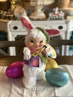 Vintage 1950s RUSHTON Stuffed Plush Easter Rubber face Bunny Rabbit Painter