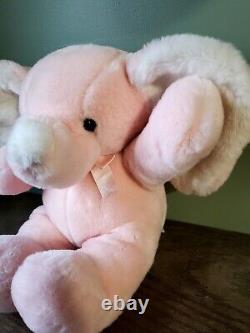 Vintage 1987 Dakin Cuddles Pink White Elephant Plush Big Ears Bow Stuffed Animal