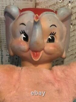 Vintage My Toy Rubber Face Circus Elephant Plush Toy 1950s Rushton Pink Teal