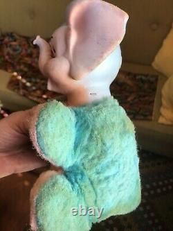 Vintage My Toy Rubber Face Circus Elephant Plush Toy 1950s Rushton Pink Teal