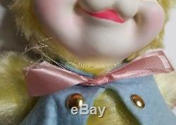 Vintage RUSHTON Plush Rubber Face Bunny Yellow Blue Vest 1950's / 1960's RARE