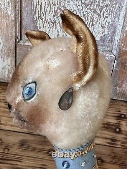 Vintage Rare Plush Siamese Cat Mohair Stuffed Animal Rhinestone Eyes MCM Kitschy
