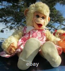 Vintage Rubber Face Plush Rushton Yellow Monkey Chimp Tippy Toy 16 Pink Rooster