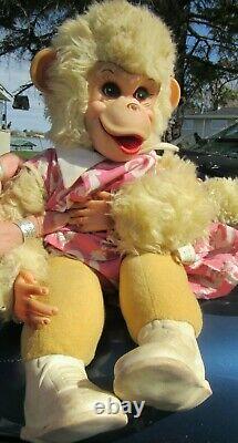 Vintage Rubber Face Plush Rushton Yellow Monkey Chimp Tippy Toy 16 Pink Rooster