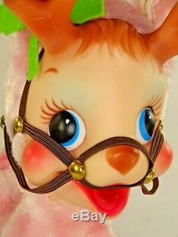 Vintage Rushton Plush Anthropomorphic Rubber Face Tickled Pink Resting Reindeer