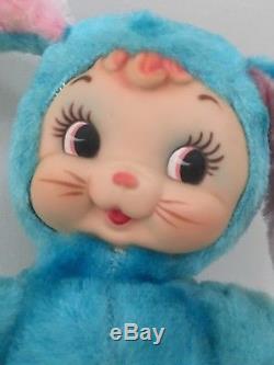 Vintage Rushton Plush Rubber Face Bunny Turquoise Sitting Smiling Has Tag EUC 9