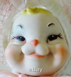 Vintage Rushton Rubber Face Faced Plush Bunny Rabbit w Bonnet & Tag HTF