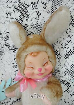 Vintage Rushton Rubber Face Faced Sleeping Plush Toy Bunny Rabbit Light Wear