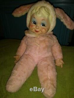 Vintage Rushton Rubber Face Faced Yellow & Pink Plush Rabbit Easter Bunny Girl