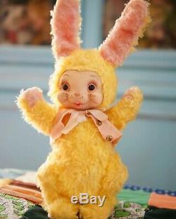 Vintage Rushton Rubber Face Faced Yellow Plush Bunny Rabbit HTF
