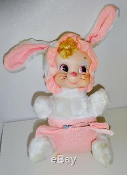 Vintage Rushton Rubber Face Plush Baby Easter Bunny Rabbit w Diaper Pin, Tag HTF