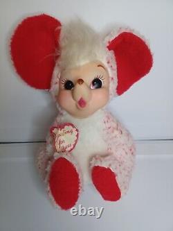 Vintage Rushton Rubber Face Plush Mouse Stuffed Animal Red & White Spotted RARE