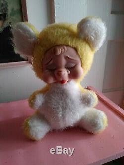 Vintage Rushton Rubber Face Plush Teddy Bear Yellow White Crying Sad Face