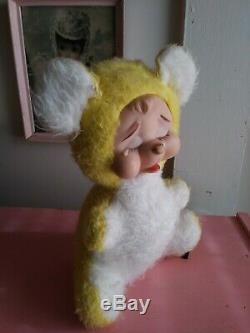 Vintage Rushton Rubber Face Plush Teddy Bear Yellow White Crying Sad Face