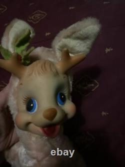 Vintage Rushton Santas Pink Reindeer Stuffed Animal Rubber Face Plush