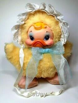 Vintage Rushton Star Creation Duck With Baby Bonnet & Blue Bow Rubber Face Plush