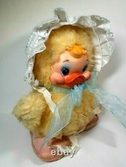 Vintage Rushton Star Creation Duck With Baby Bonnet & Blue Bow Rubber Face Plush