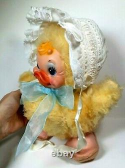 Vintage Rushton Star Creation Duck With Baby Bonnet & Blue Bow Rubber Face Plush