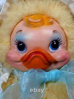 Vintage Rushton Star Creation Duck With Baby Bonnet & Blue Bow Rubber Face Plush